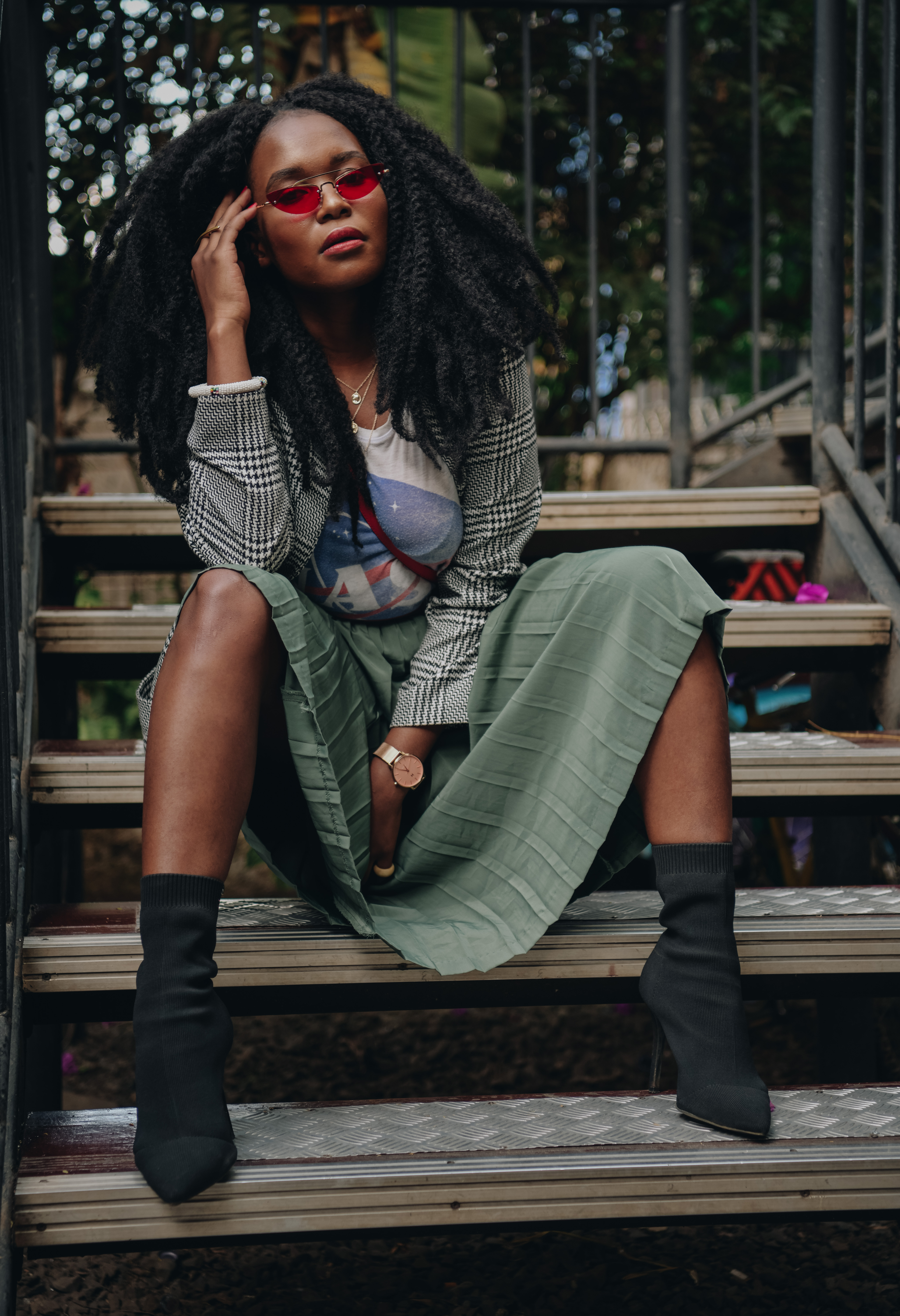 Kadenyi, Fashion blogger, black, african, model, natural hair, marley hair, red sunglasses green plaid skirt, NASA tshirt, black sock boots, plaid jacket. red bag, DKNY, Mango, red belt (12)