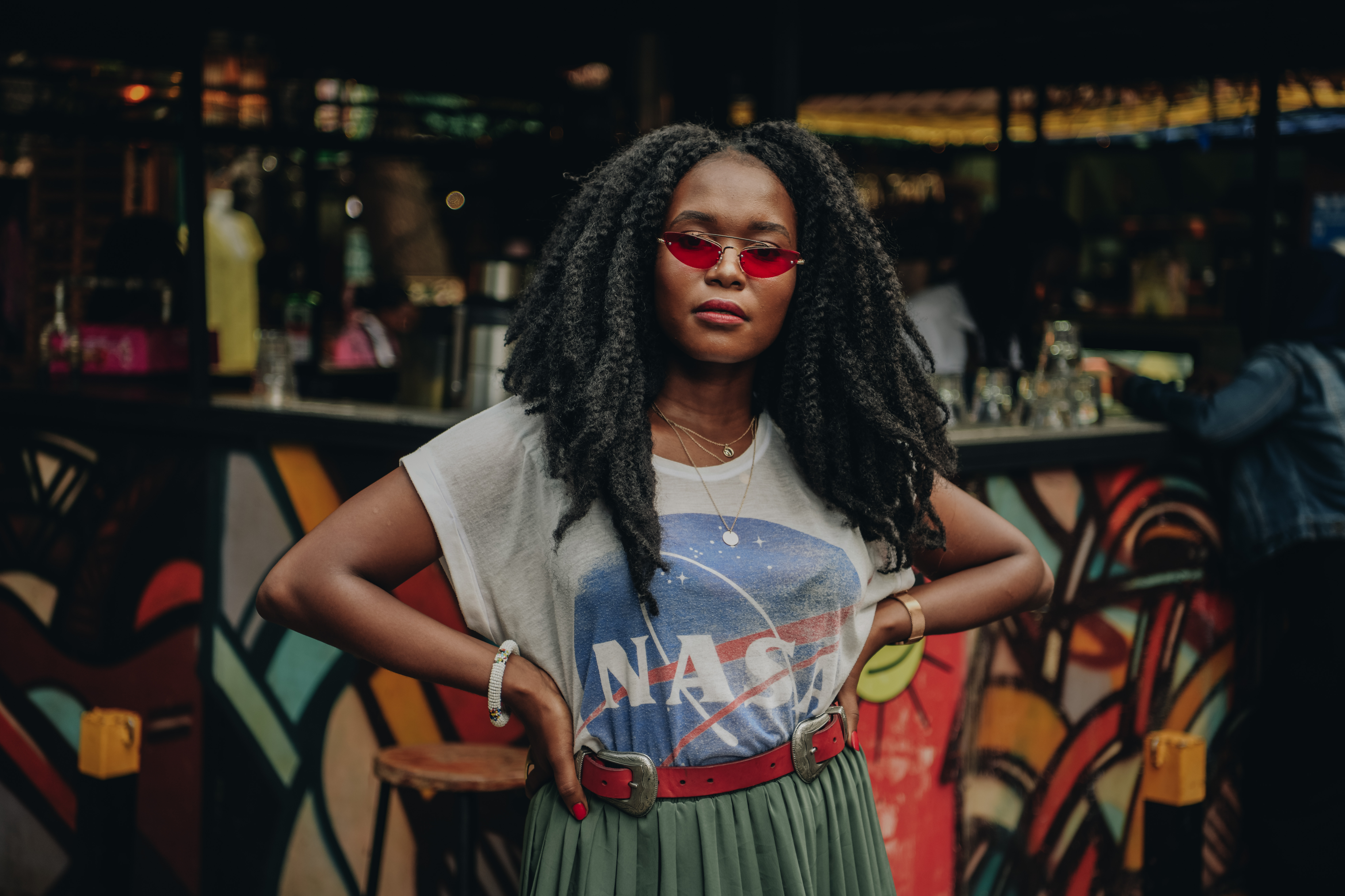 Kadenyi, Fashion blogger, black, african, model, natural hair, marley hair, red sunglasses green plaid skirt, NASA tshirt, black sock boots, plaid jacket. red bag, DKNY, Mango, red belt (13)