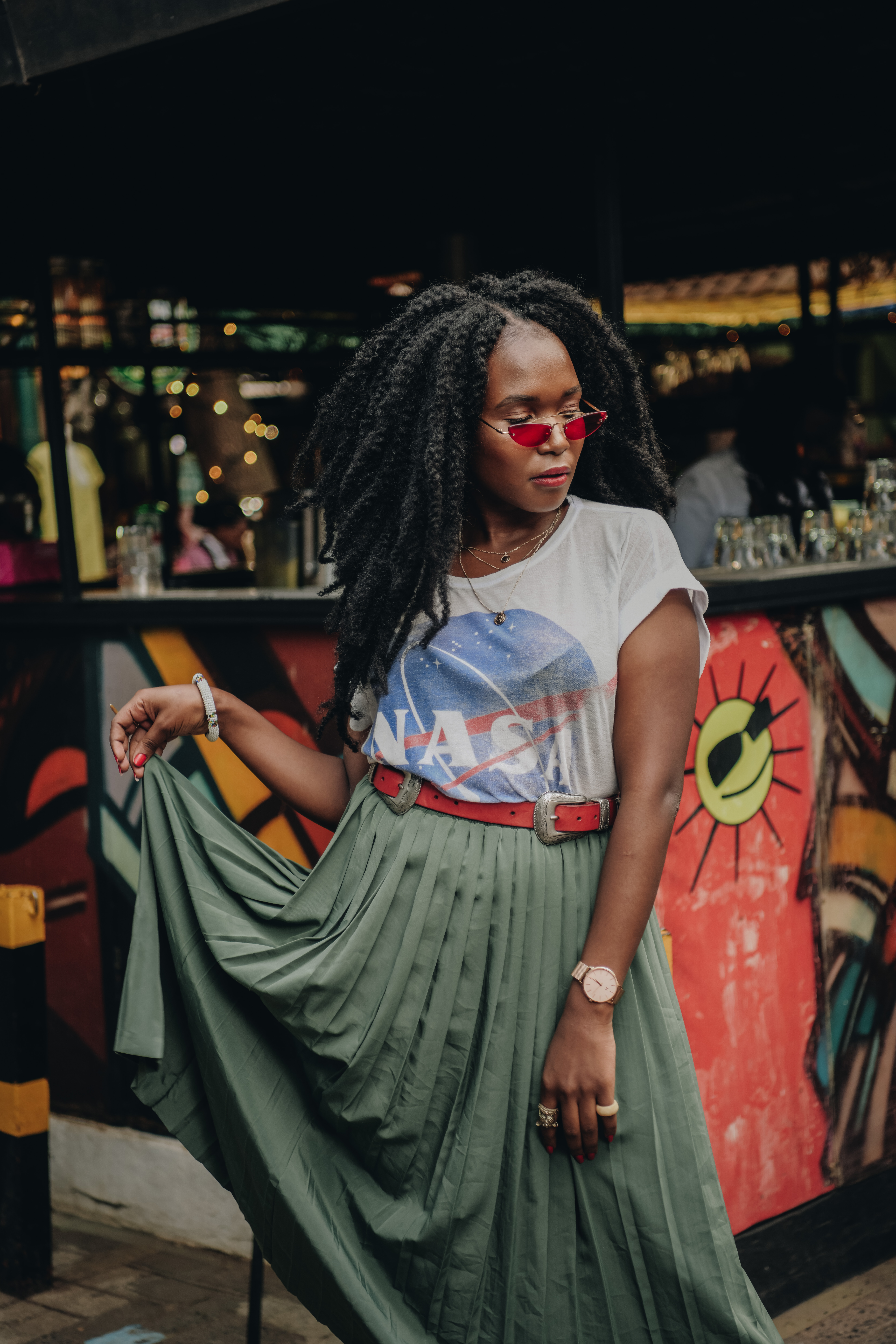 Kadenyi, Fashion blogger, black, african, model, natural hair, marley hair, red sunglasses green plaid skirt, NASA tshirt, black sock boots, plaid jacket. red bag, DKNY, Mango, red belt (14)