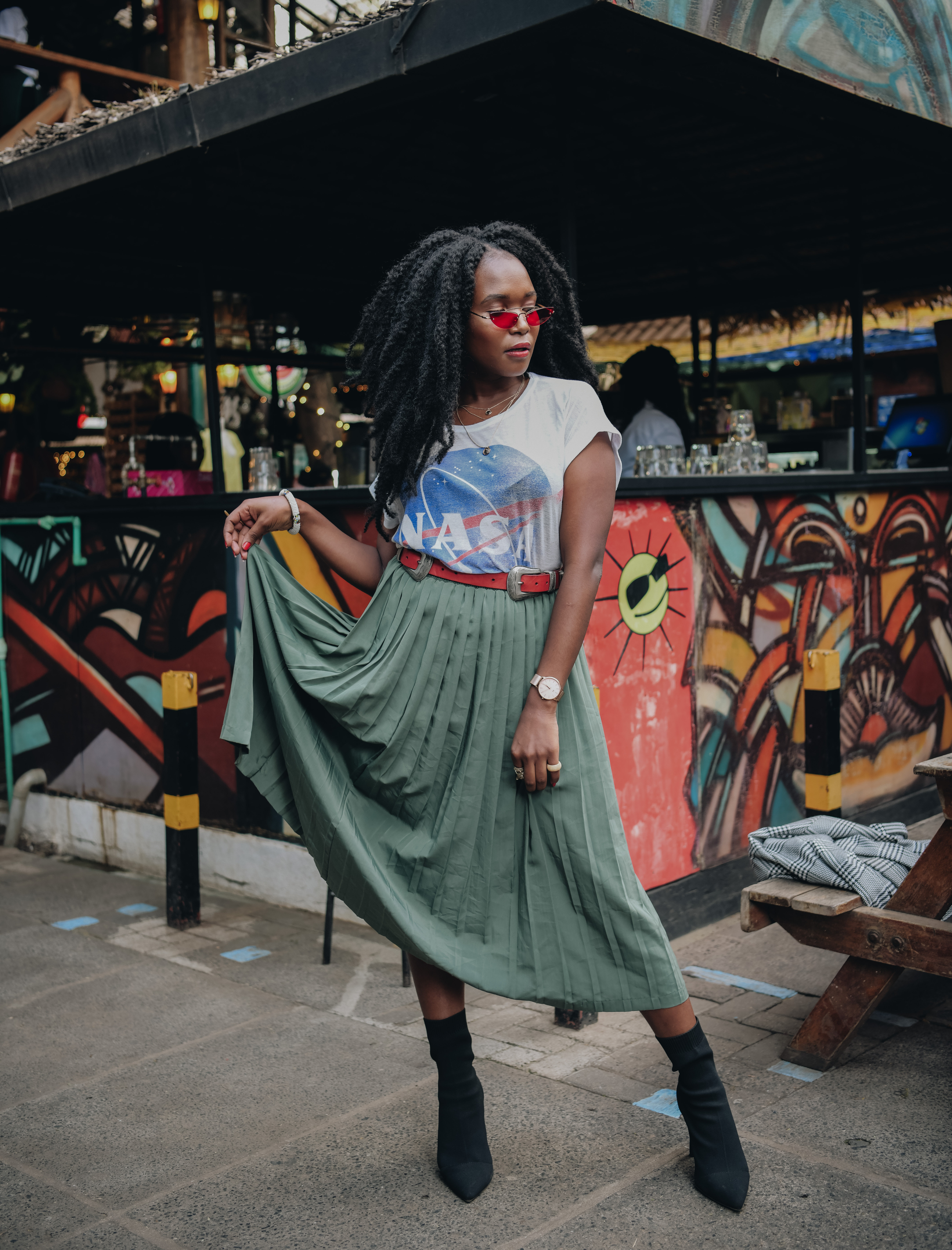 Kadenyi, Fashion blogger, black, african, model, natural hair, marley hair, red sunglasses green plaid skirt, NASA tshirt, black sock boots, plaid jacket. red bag, DKNY, Mango, red belt (15)