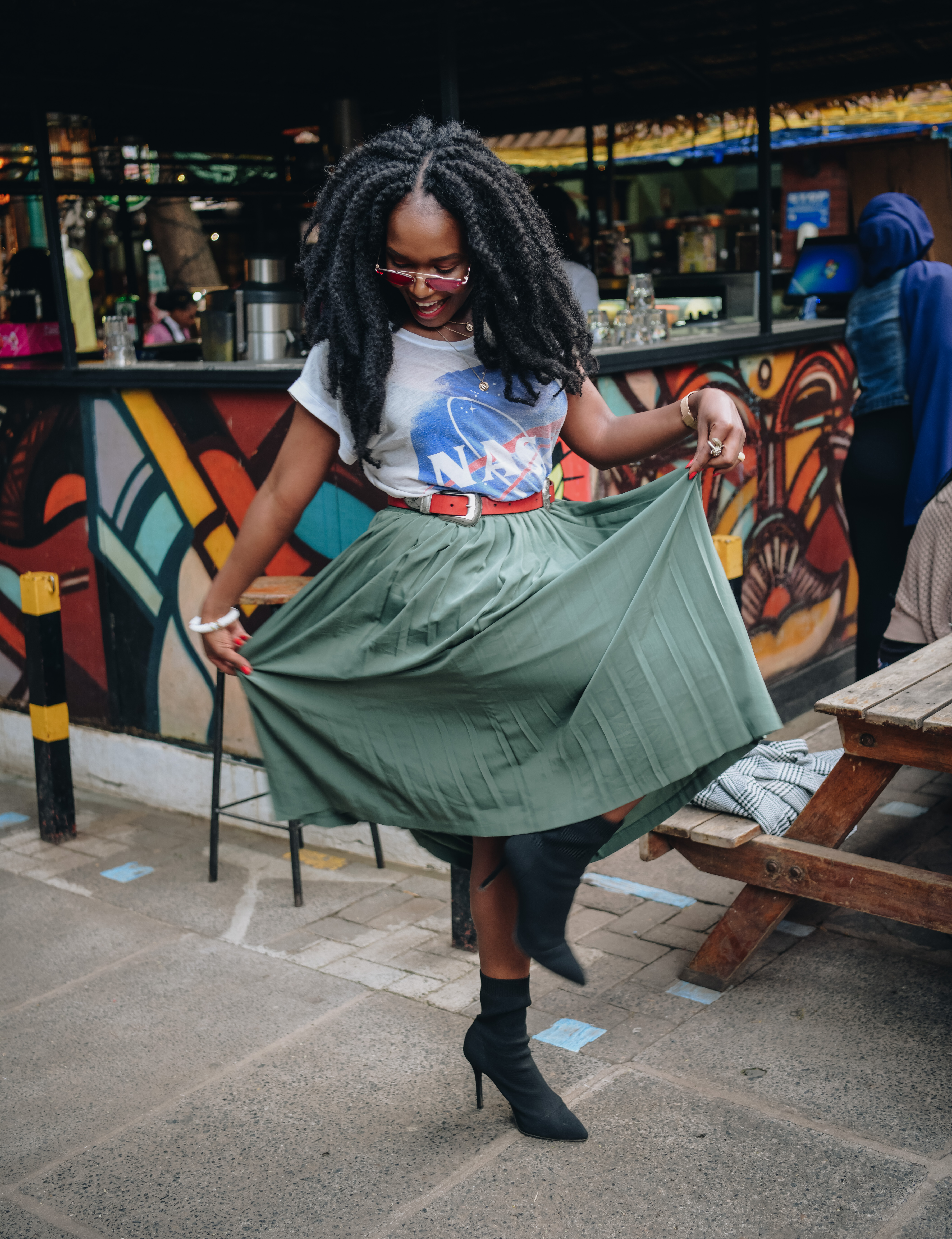 Kadenyi, Fashion blogger, black, african, model, natural hair, marley hair, red sunglasses green plaid skirt, NASA tshirt, black sock boots, plaid jacket. red bag, DKNY, Mango, red belt (16)