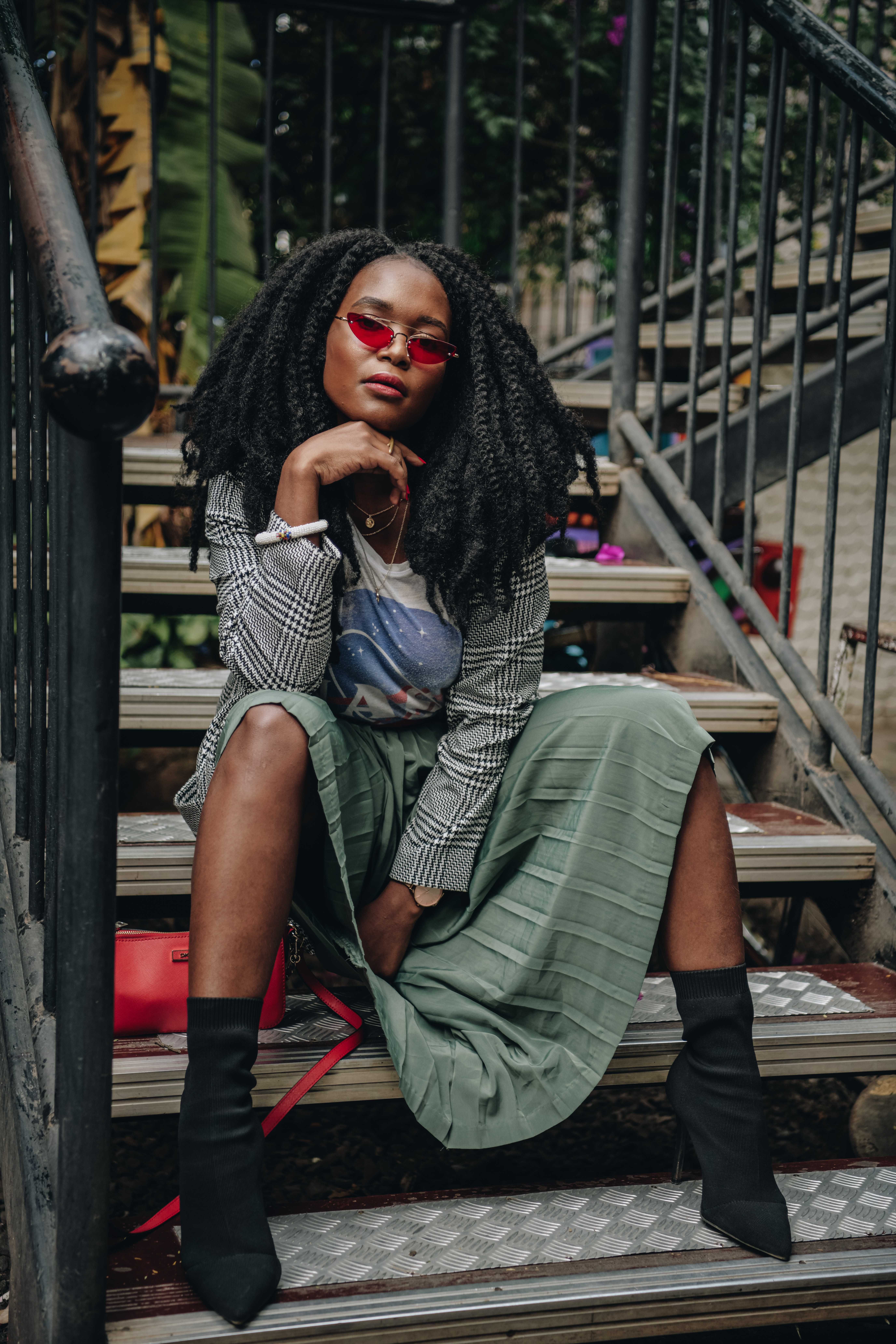 Kadenyi, Fashion blogger, black, african, model, natural hair, marley hair, red sunglasses green plaid skirt, NASA tshirt, black sock boots, plaid jacket. red bag, DKNY, Mango, red belt (5)