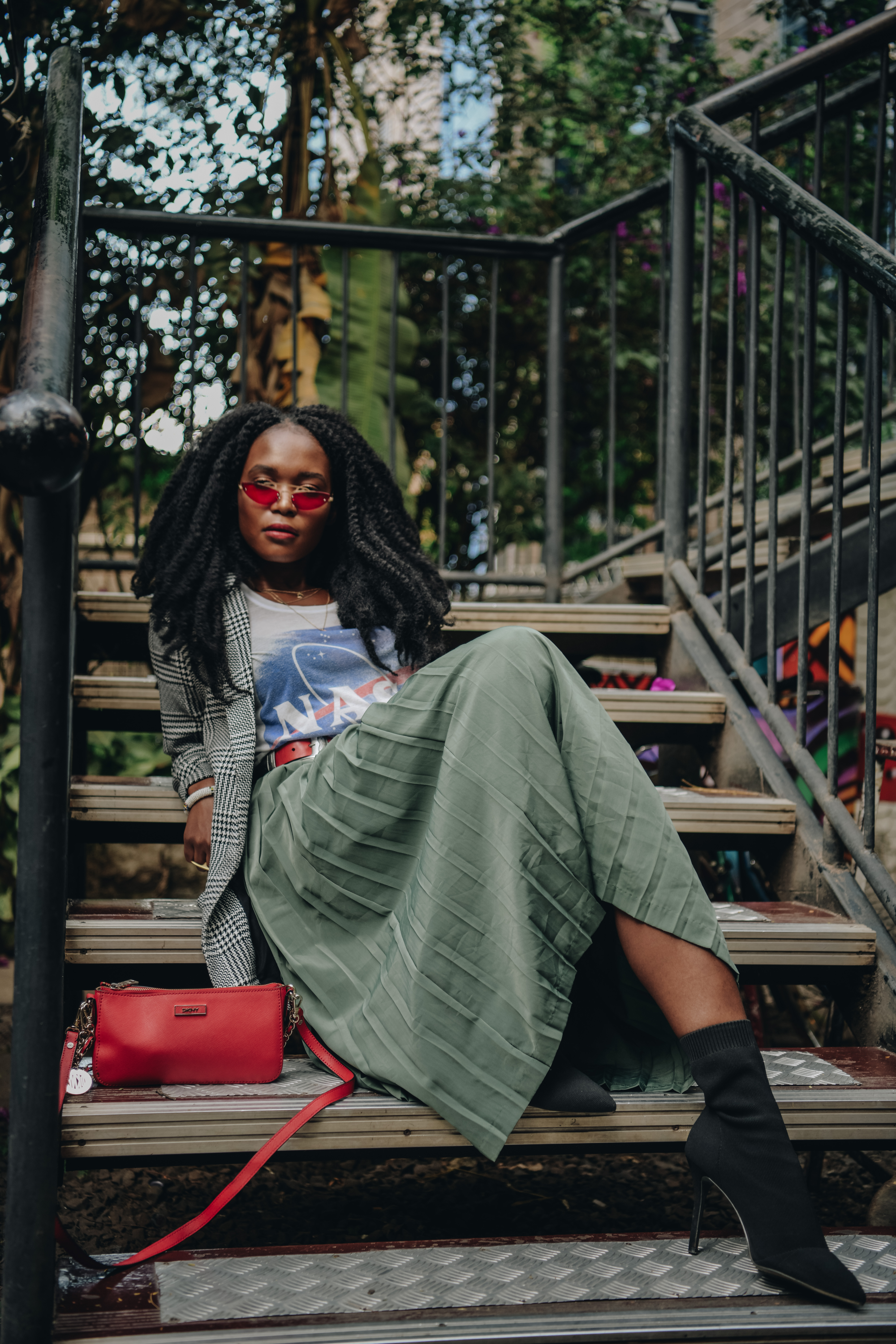 Kadenyi, Fashion blogger, black, african, model, natural hair, marley hair, red sunglasses green plaid skirt, NASA tshirt, black sock boots, plaid jacket. red bag, DKNY, Mango, red belt (8)