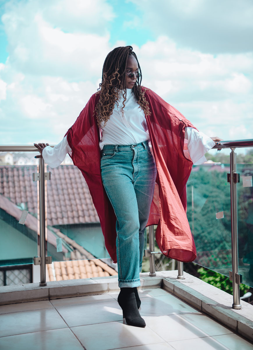Kadenyi, Fashion Blog, Kenyan blog, red kimono, lilbare, braids, bohemian locs, white button up shirt, mom jeans, fashion blog, sustainable fashion, gold watch, sock boots